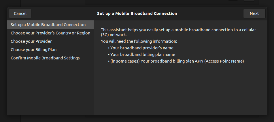 Mobile Broadband Connection Creation Wizard - Network Settings