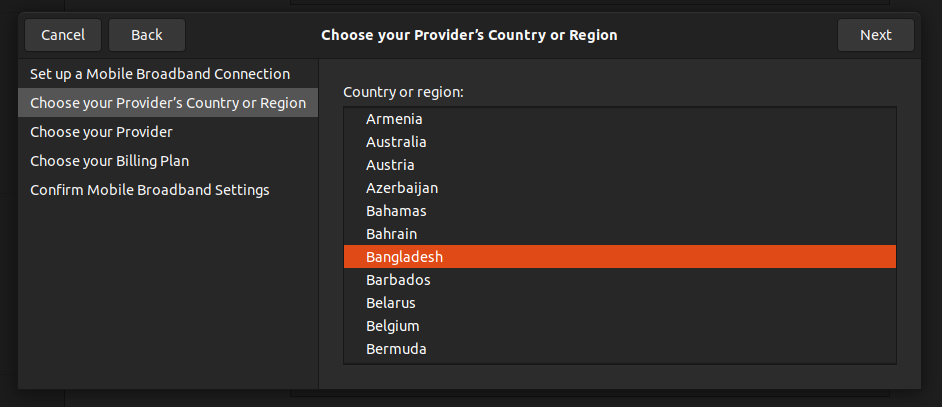 Region Selector - Mobile Broadband Connection Creation Wizard - Network Settings