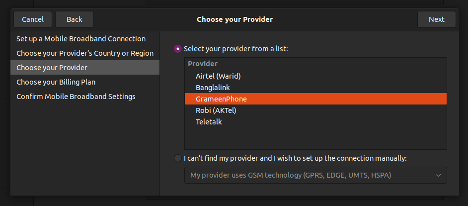 Provider Selector - Mobile Broadband Connection Creation Wizard - Network Settings