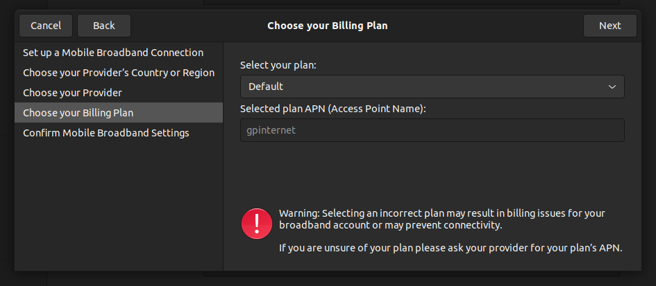 Data Plan Selector - Mobile Broadband Connection Creation Wizard - Network Settings