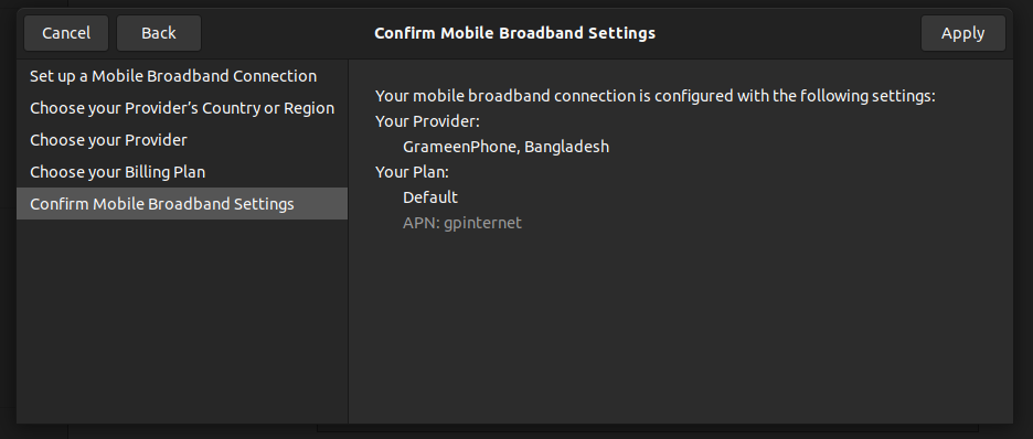 Confirmation - Mobile Broadband Connection Creation Wizard - Network Settings